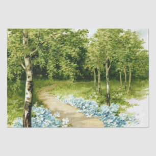 Waldweg Birch Trees Blaue Blumen Decoupage Seidenpapier