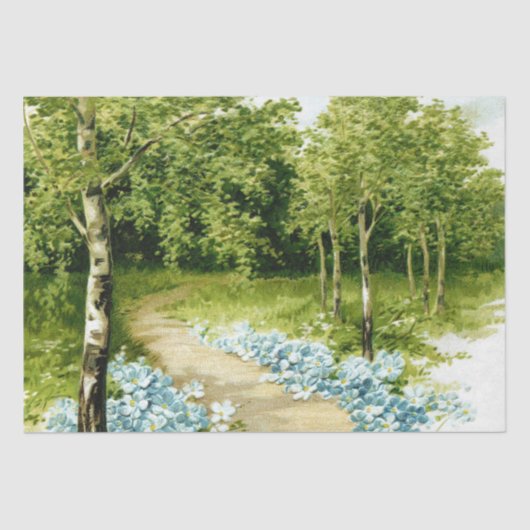Waldweg Birch Trees Blaue Blumen Decoupage Seidenpapier (Vorderseite)