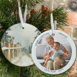Waldweg Personalisiertes Foto Keramik Ornament<br><div class="desc">Foto Weihnachtsschmuck, die Sie für Grammie oder für alle anderen personalisieren können! Das Design hat eine elegante Aquarellszene auf einer Seite eines von Bäumen gesäumten Waldwegs mit einer Eule und Rotkehlchen auf dem Zaunpfosten. Die andere Seite hat Ihr Foto und Ihre Namen oder einen anderen benutzerdefinierten Text. Die Fotovorlage zeigt...</div>