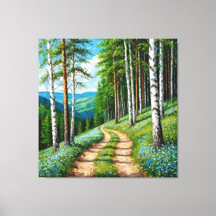 Waldweg zwischen Birken Leinwanddruck