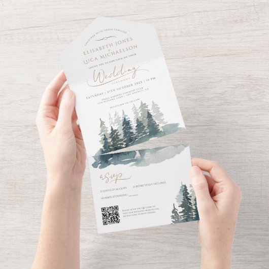 Waldwinterlandschaft Waldland Hochzeit QR-Code All In One Einladung (Abreißen)