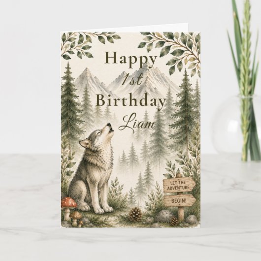 Waldwolf erster Geburtstag Karte (Vorderseite)