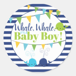 Wale Es ist ein Baby Ankündigung Navy Striping Runder Aufkleber