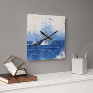 Wale in Sea Birds in Distanz Art Decor Geschenk Quadratische Wanduhr