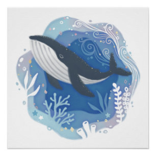 Wale & Korallen in Ocean Paper Art Illustration Poster