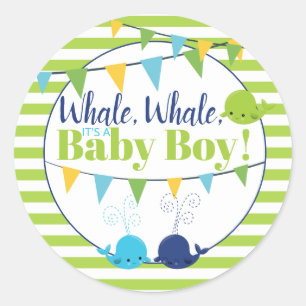 Wale mit grünem Streifen Es ist eine Baby-Ankündig Runder Aufkleber