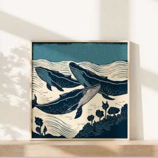 Wale Sea Marine Nature Linocut Nova Scotia Poster