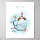 Wale und Leuchtturm Magische Wasserfarbe Poster (Vorne)