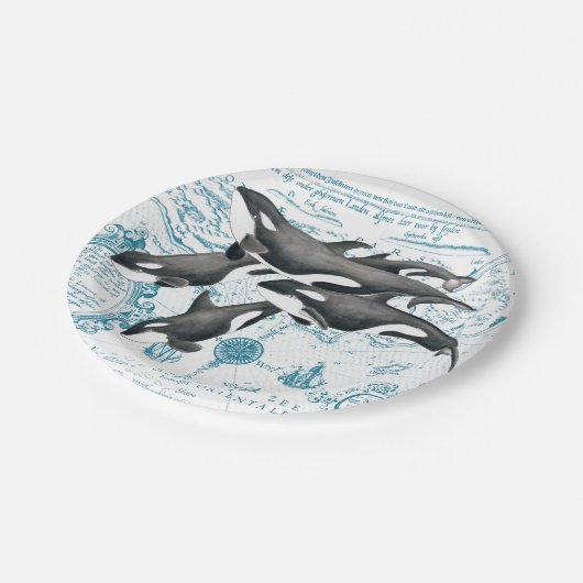 Wale von Orca uralt blau Pappteller (Schrägansicht)