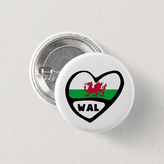 Wales Country Code Flag Herz Button Abzeichen, Cym (Vorne & Hinten)