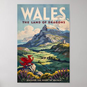 Wales Drachen Illustration Reise Kunst Vintage Poster