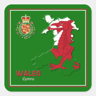 Wales Flag Map & Royal Abzeichen Quadratischer Aufkleber