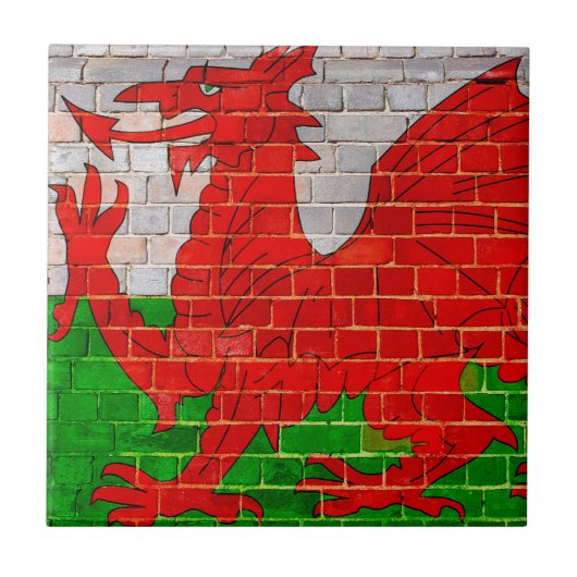 Wales-Flagge auf einer Backsteinmauer Fliese (Vorderseite)