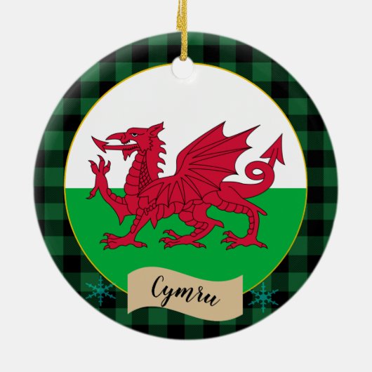 Wales, grünes Büffel, kariert- und walisische Flag Keramik Ornament (Hinten)