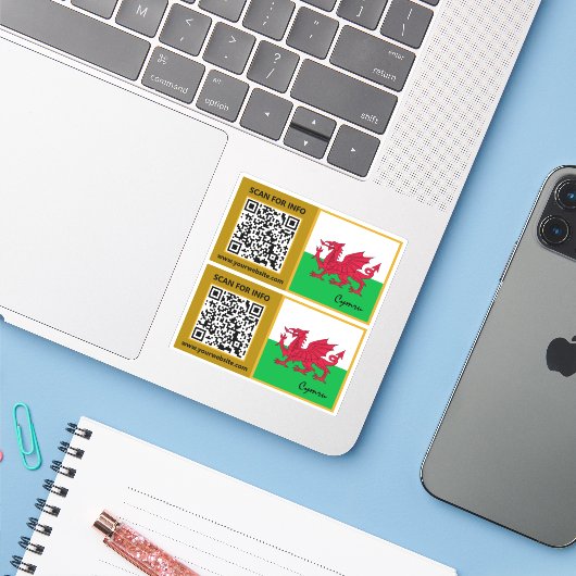 Wales Modern QR-Code-Sticker, walisische Flagge Aufkleber (Laptop mit iPhone)
