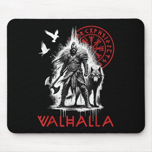 Walhalla Odin Wolf Und Rabe Wikinger Runen Nordisc Mousepad (Vorne)