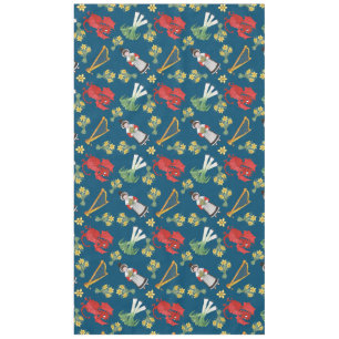Waliser-Kostüm und Embleme, blaue Tischdecke