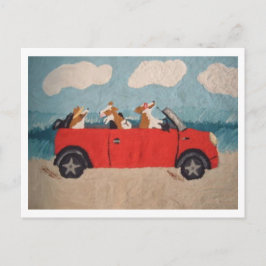 Walisische Corgis in einem roten Cabrio am Strand Feiertagspostkarte