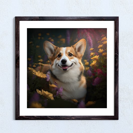 Walisischer Corgi im farbenfrohen Garten Poster