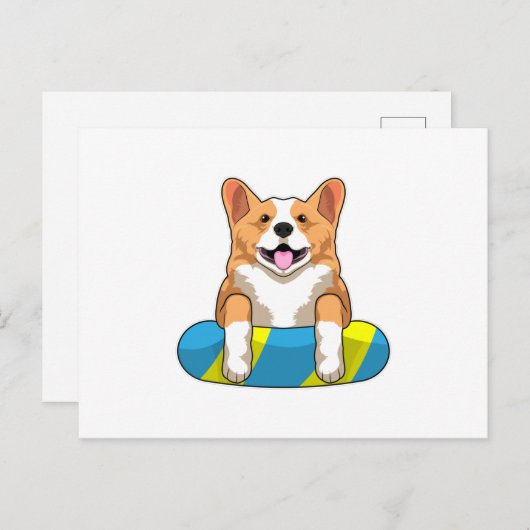 Walisischer Corgi im Schwimmen mit Brett Postkarte (Vorne/Hinten)