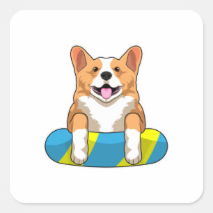 Walisischer Corgi im Schwimmen mit Brett Quadratischer Aufkleber