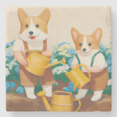 Walisischer Corgi's Watering the Flower Garden Steinuntersetzer (Vorderseite)