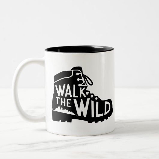 Walk the Wild Hiking Boot Graphic Design Zweifarbige Tasse (Links)