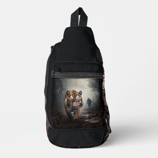 Walking Alter Schwarz-Orange-Tiger surrealer Wald Crossbody Bag (Vorderseite)