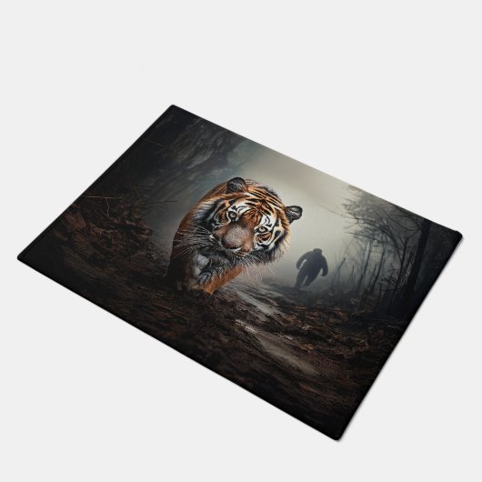 Walking Alter Schwarz-Orange-Tiger surrealer Wald Fußmatte (Schrägansicht)