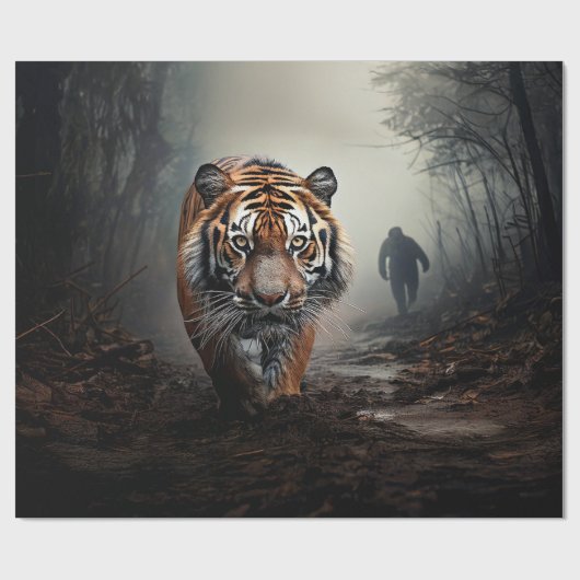 Walking Alter Schwarz-Orange-Tiger surrealer Wald Geschenkpapier (Flach)
