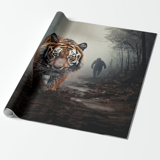 Walking Alter Schwarz-Orange-Tiger surrealer Wald Geschenkpapier (Ungerollt)