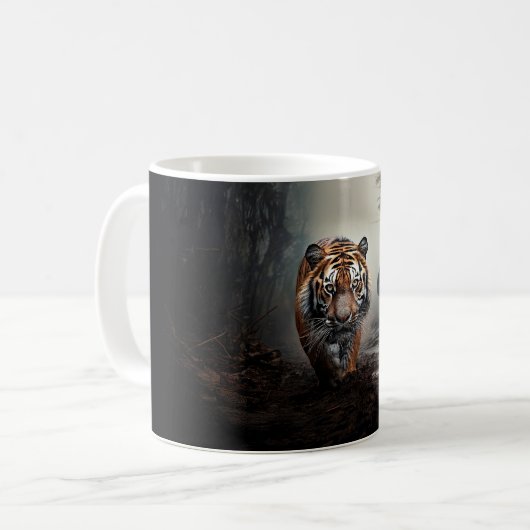 Walking Alter Schwarz-Orange-Tiger surrealer Wald Kaffeetasse (Vorderseite Links)