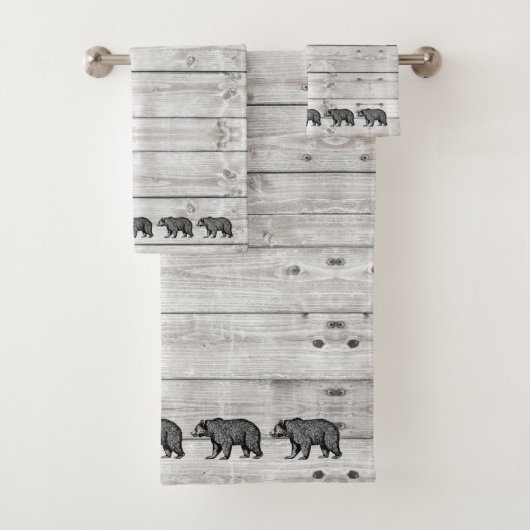 Walking Bear Grey Wood Pattern Badetuch Set (Insitu)