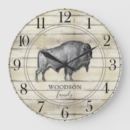 Walking Bison Buffalo Rustic Wood Familienname Große Wanduhr