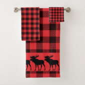 Walking Moose Silhouette Red Black Plaid Pattern  Badhandtuch Set (Insitu)