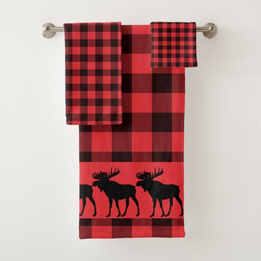 Walking Moose Silhouette Red Black Plaid Pattern  Badhandtuch Set (Insitu)