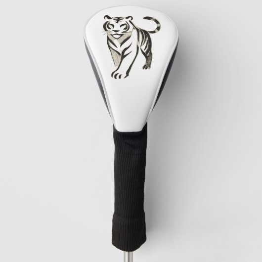 Walking Tiger Zeichnend - Tintendesign auf Golf Headcover (Vorderseite)