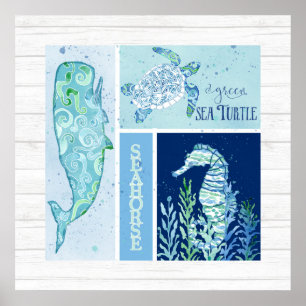 Wall Art Beach Ocean Shore Whale Turtle Seepferd Poster