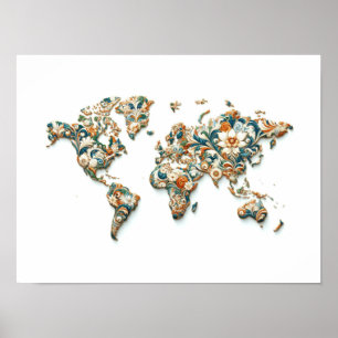 Wall Art World Map mit Majolica Design Poster