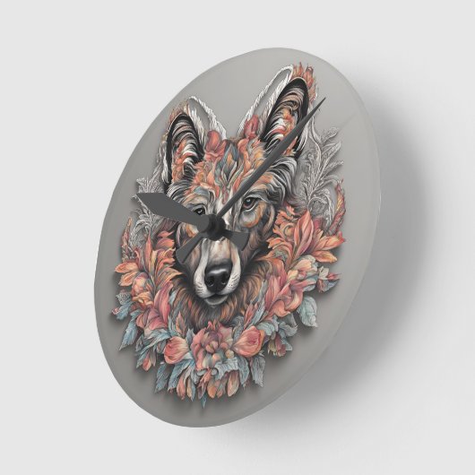 Wall Clock, 8" "Floral Majesty Wolf Clock" Runde Wanduhr (Winkel)