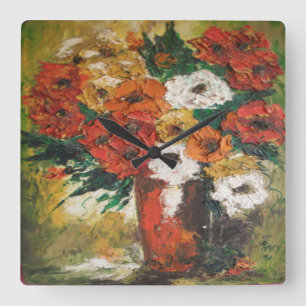 Wall Clock Ann Hayes Painting Red Blume Mix Quadratische Wanduhr