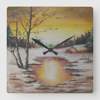 Wall Clock Ann Hayes Painting Winter Scene Quadratische Wanduhr