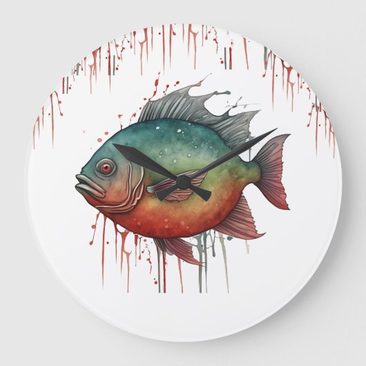 Wall Clock - Aquarellreihe: Piranha Große Wanduhr (Vorderseite)