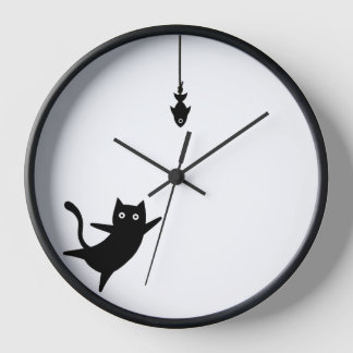 Wall Clock Black Cat fängt Fisch Uhr