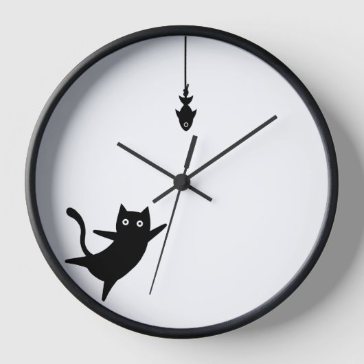 Wall Clock Black Cat fängt Fisch Uhr (Vorderseite)