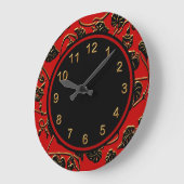 Wall Clock Black Red Gold Trim Damask Floral Große Wanduhr (Winkel)