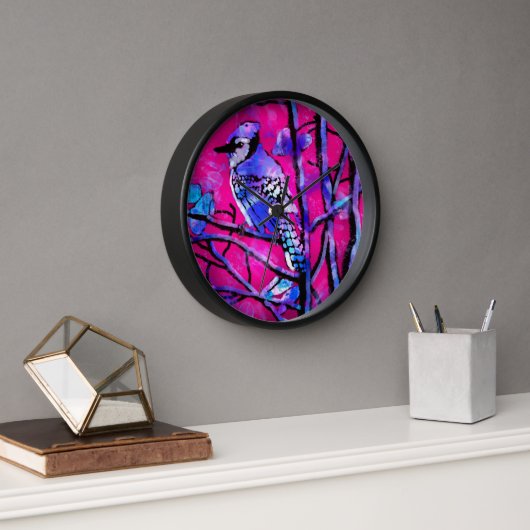 Wall Clock Blue Jay Whimsical Abstrakt Pink Uhr (Büro)