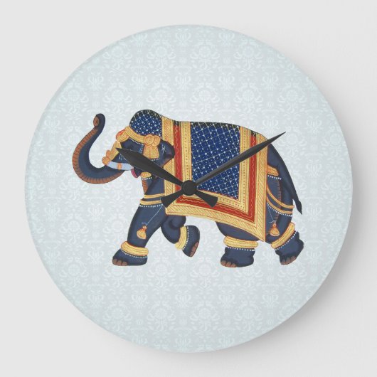 Wall Clock Blue Perle Gold Elephant Große Wanduhr (Vorderseite)