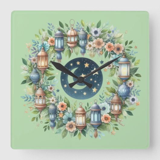 Wall Clock-Eid Mubarak Wreath Wall Clock Quadratische Wanduhr (Vorderseite)