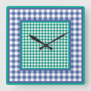 Wall Clock, Emerald Green und Blue Karo Gingham Quadratische Wanduhr